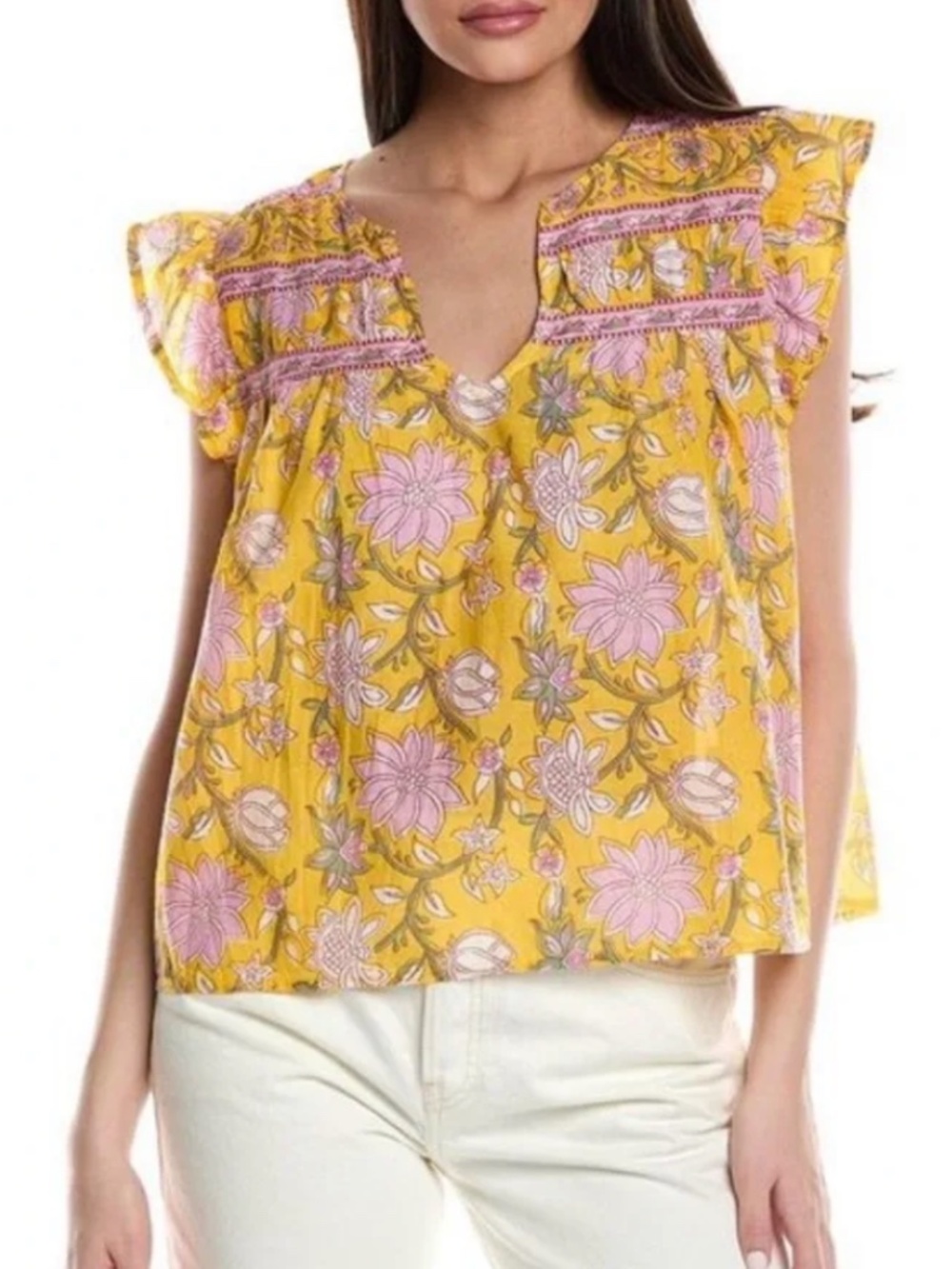 Velvet by Graham & Spencer Yellow Floral Flutter Sleeve Blouse